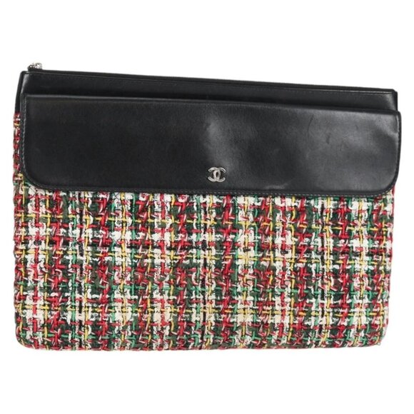 CHANEL Clutch Bag tweed Black Silver CC Auth 127554M - Picture 1 of 16